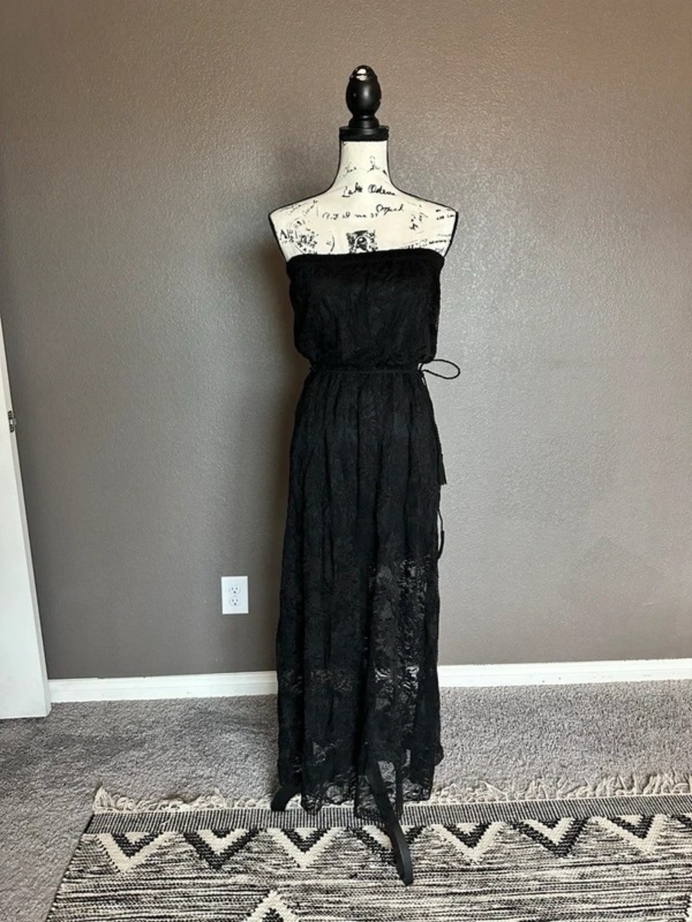 Strapless Black Lace Maxi Dress with Waist Tie